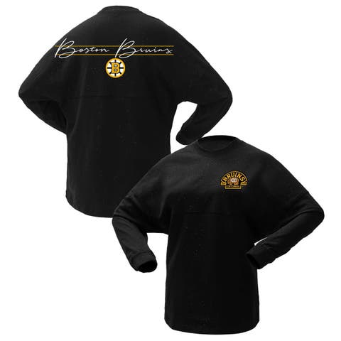 Women's Fanatics Branded Black Boston Bruins 100th Anniversary Sparkle Spirit Jersey T-Shirt