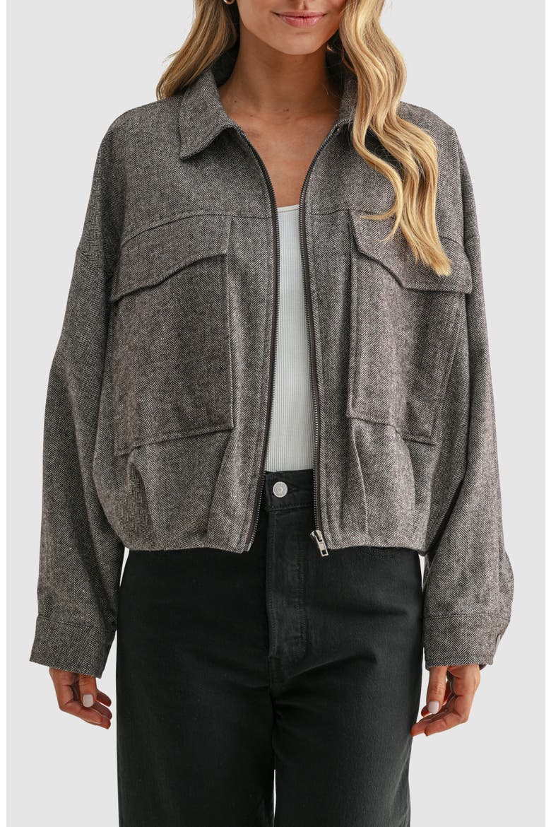 Herringbone Balloon Sleeve Bomber Jacket, Main, color, BROWN