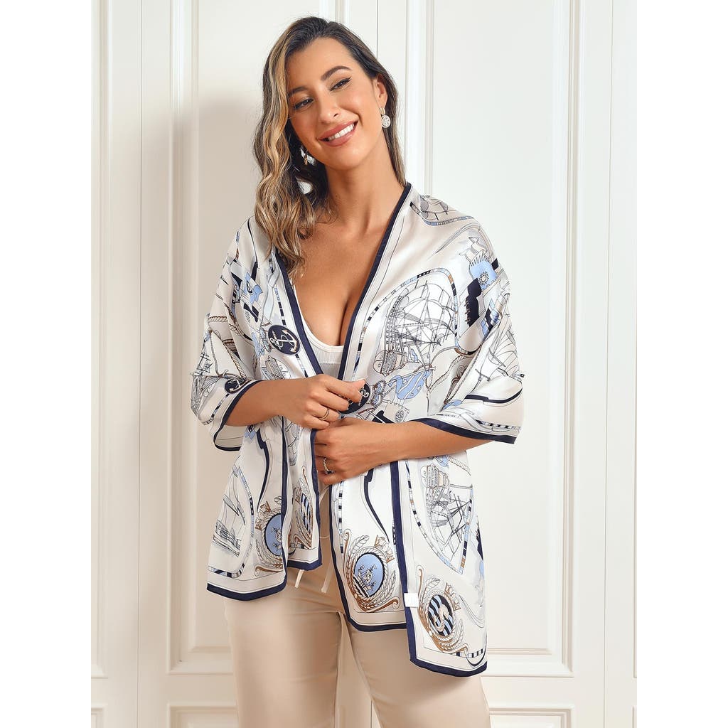 SILKSILKY 100% Mulberry Silk Printed Rectangular Long Shawl Scarf 170x53cm in Blue  product