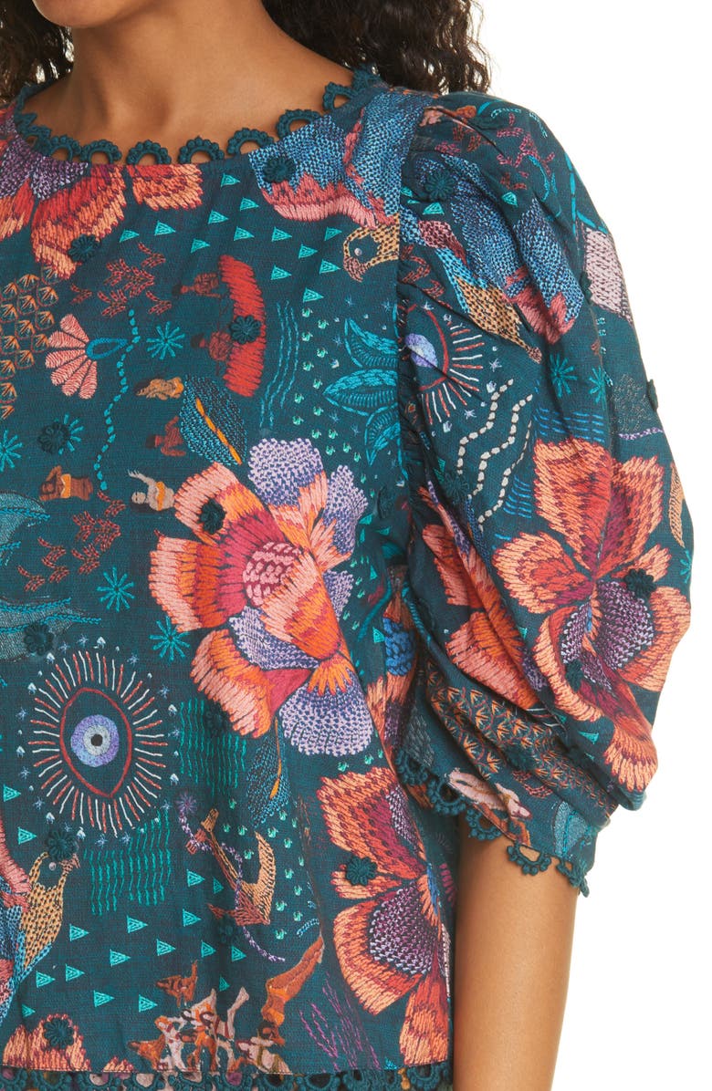 FARM Rio Teal River Creatures Cotton Blouse, Alternate, color, 