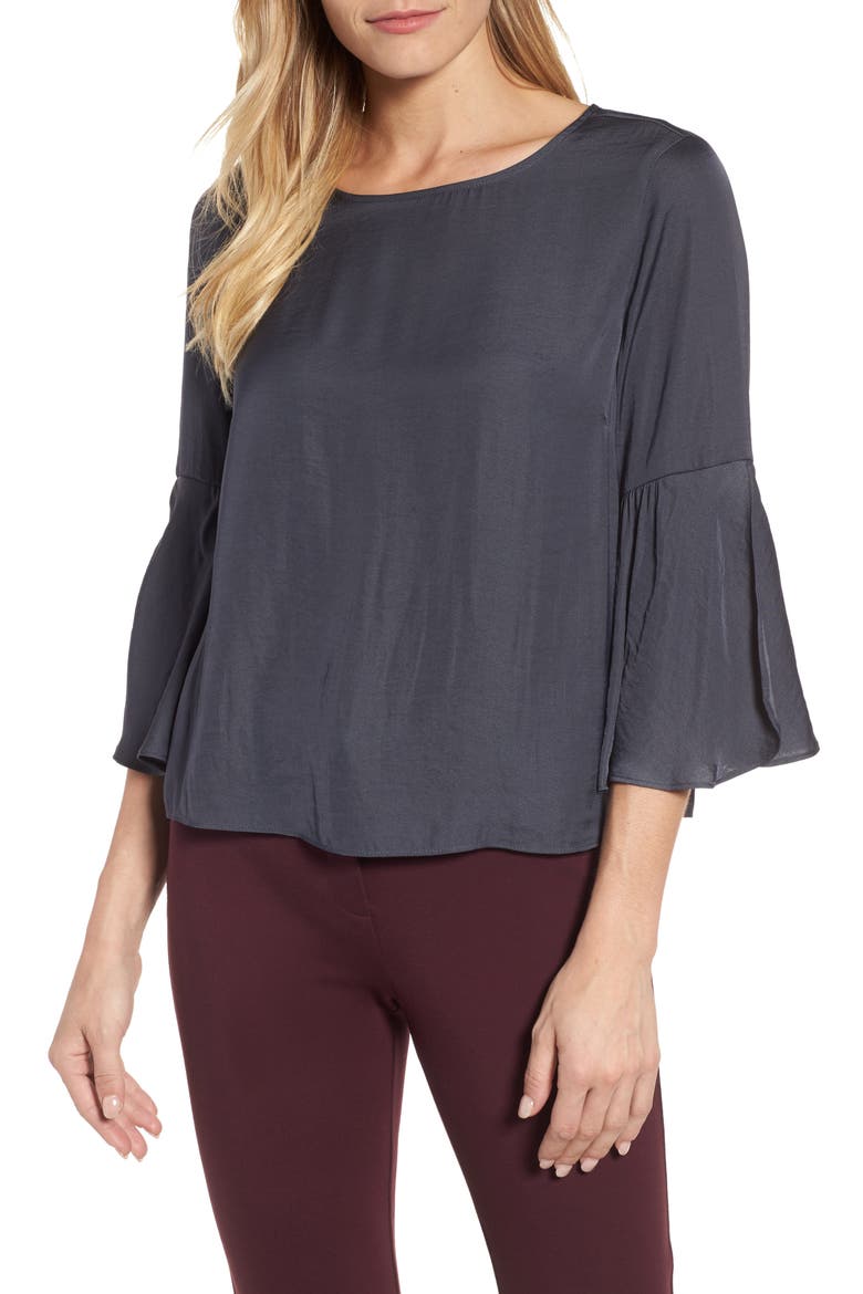 Hammer Satin Bell Sleeve Blouse, Main, color, EBONY