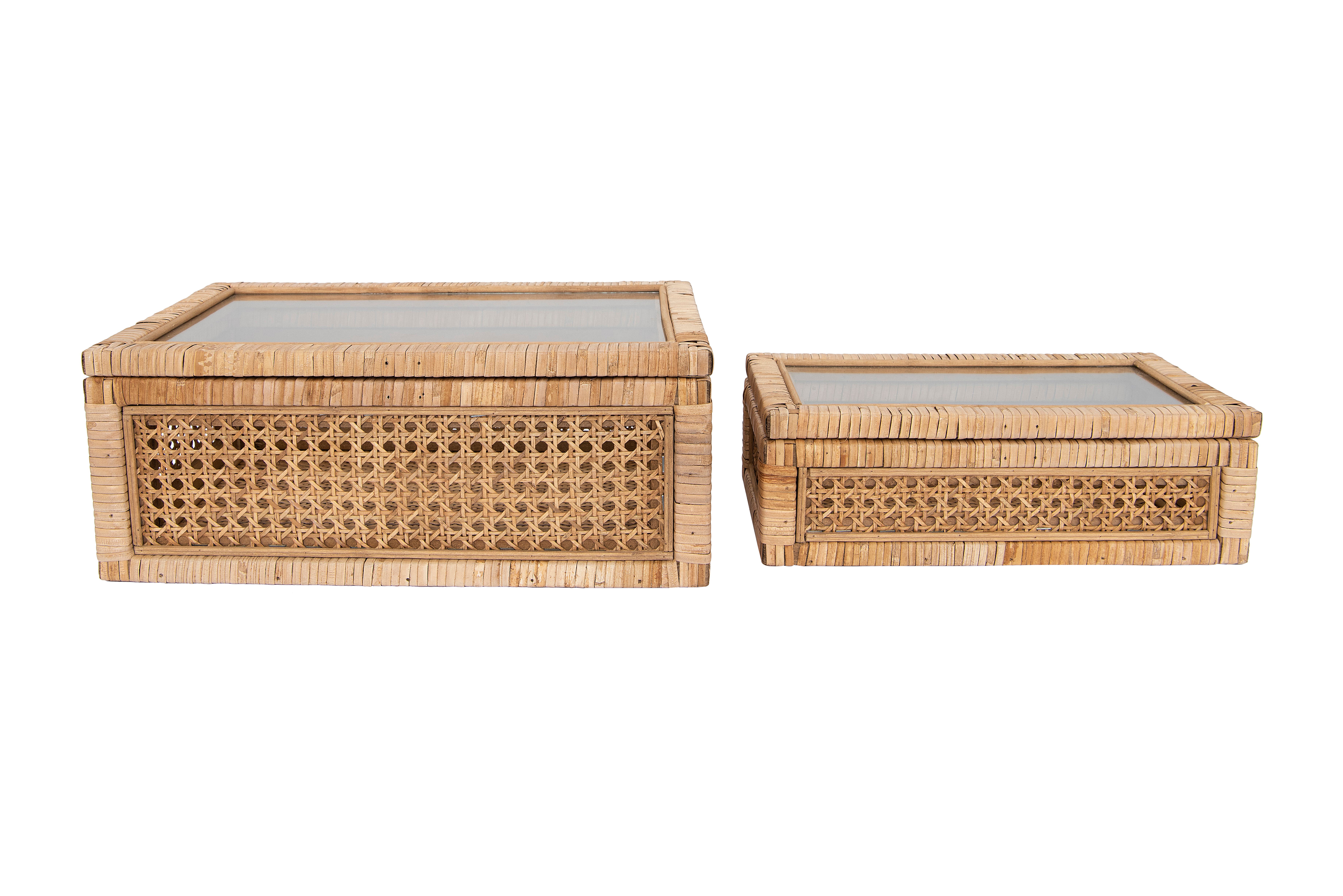 Storied Home Woven Rattan And Wood Display Boxes With Glass Lids, Natural And Clear, Set Of 2 In Brown
