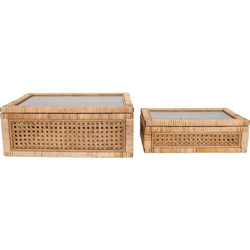 Storied Home Woven Rattan And Wood Display Boxes With Glass Lids, Natural And Clear, Set Of 2 In Brown
