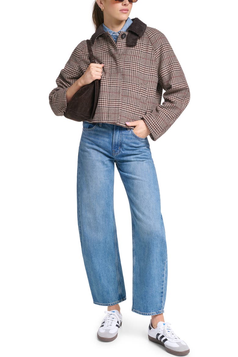 Corduroy Collar Houndstooth Plaid Short Mac Jacket, Alternate, color, BROWN PLAID MULTI