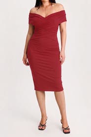 Popilush Shapewear Ruched Off-Shoulder Sculpting Midi Dress