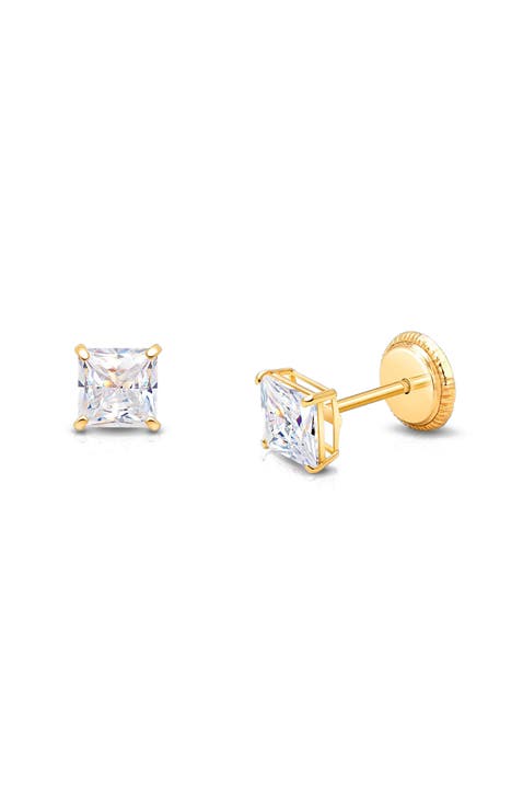 14K Gold 4mm Princess Cut Studs Screw Back Earrings