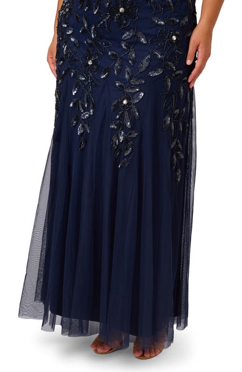 Adrianna Papell Beaded Floral Godet Gown In Light Navy