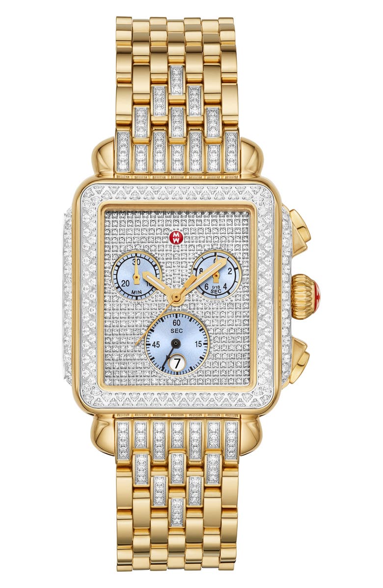 MICHELE Deco Pavé Diamond Chronograph Watch Head & Bracelet, 33mm, Main, color,