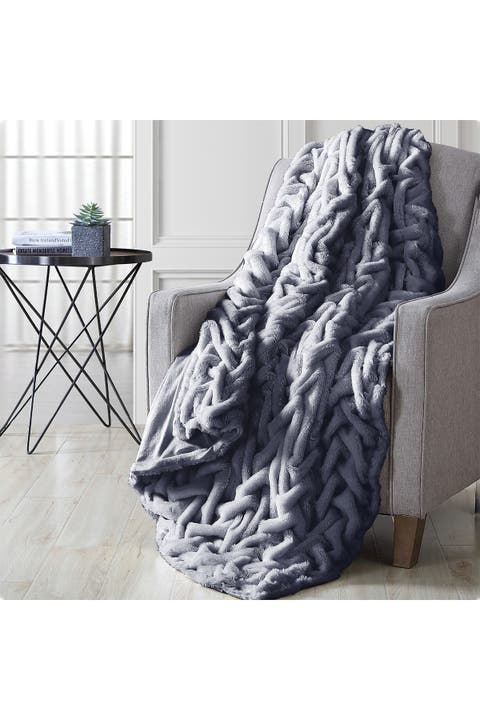 Luxury Solid Braided Faux Fur Throw - 50"x60" - Gray