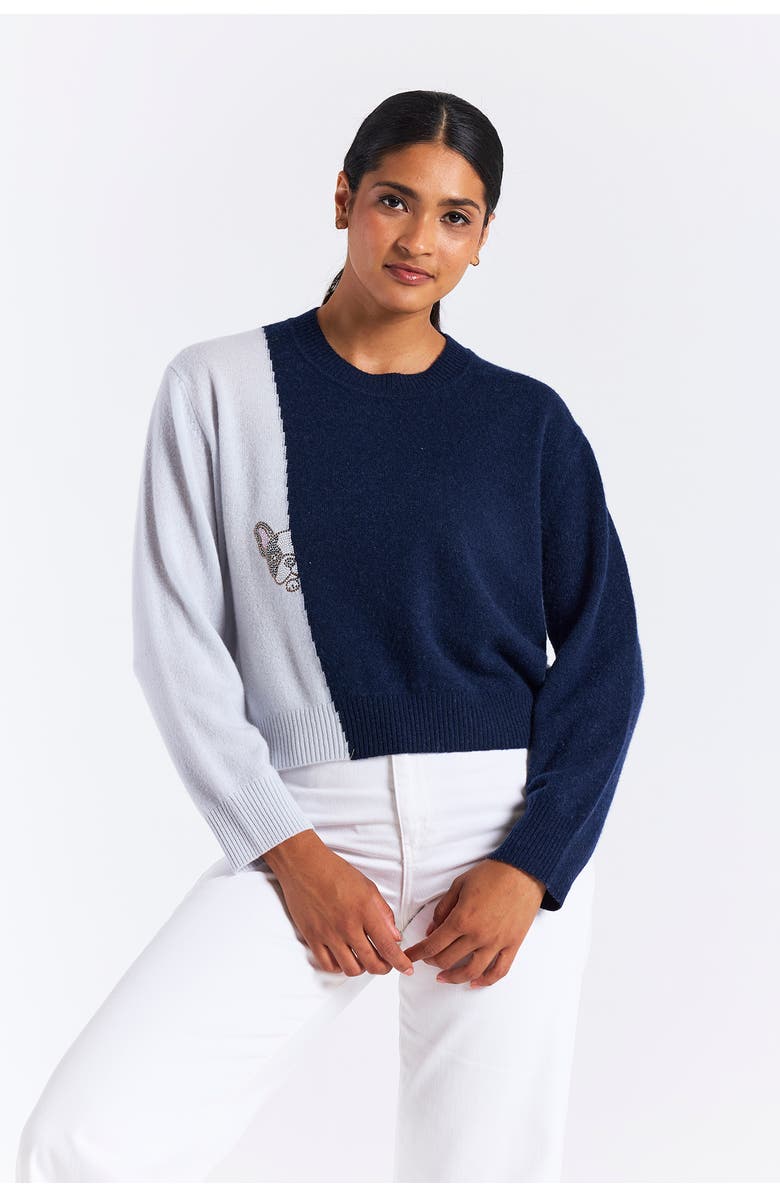 Brodie Pure Cashmere Hot Fix Colourblock 100% Cashmere Crew, Main, color, Navy/Willow