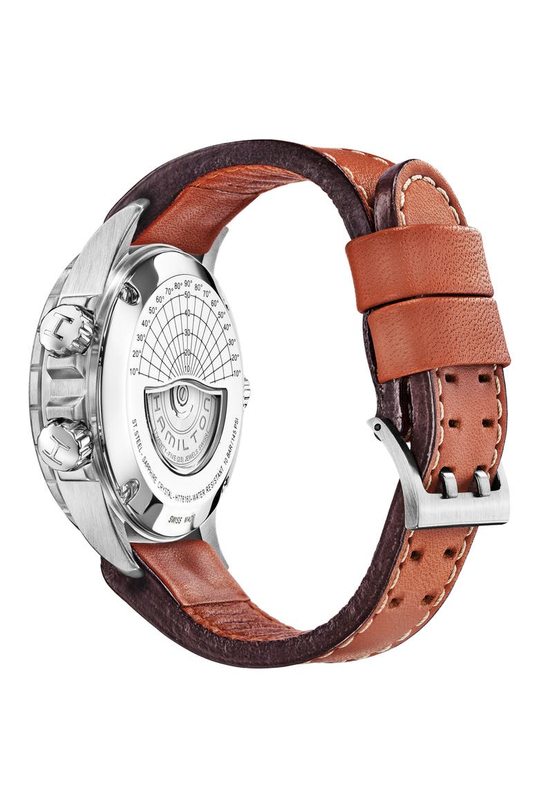 Khaki Aviation X-Wind Automatic Chronograph Leather Strap Watch, 44mm, Alternate, color, BROWN/ BLACK/ SILVER