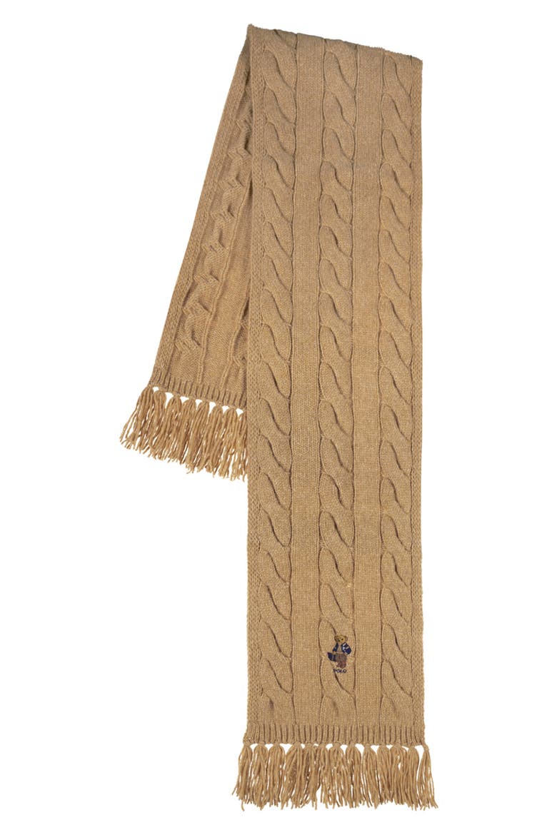 Polo Bear Wool Blend Cable Knit Scarf, Alternate, color, CLASSIC CAMEL