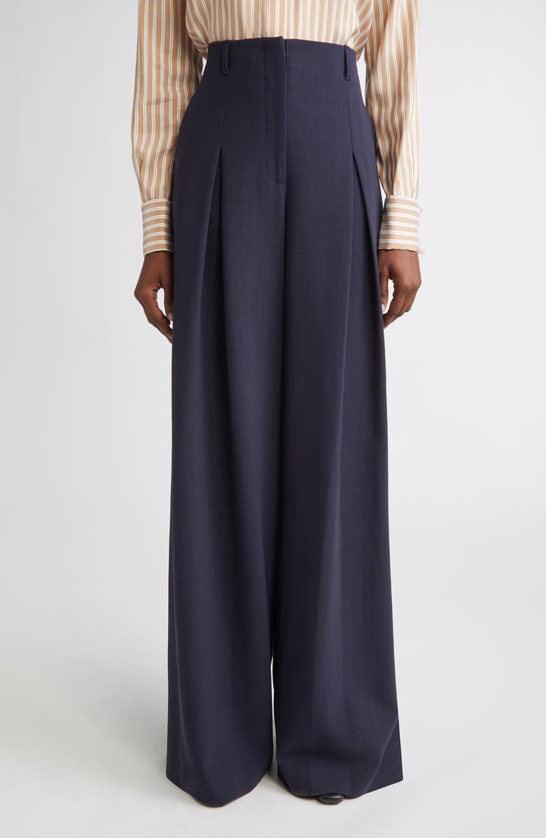 Lafayette 148 New York Warren Inverted Pleat Stretch Wool Wide Leg Pants, Main, color, Ink