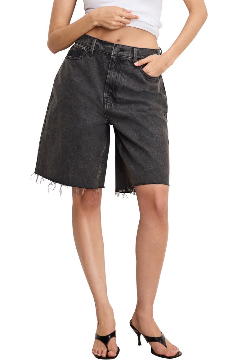 Good Extreme Raw Hem Denim Barrel Shorts, Main, color, BLACK398
