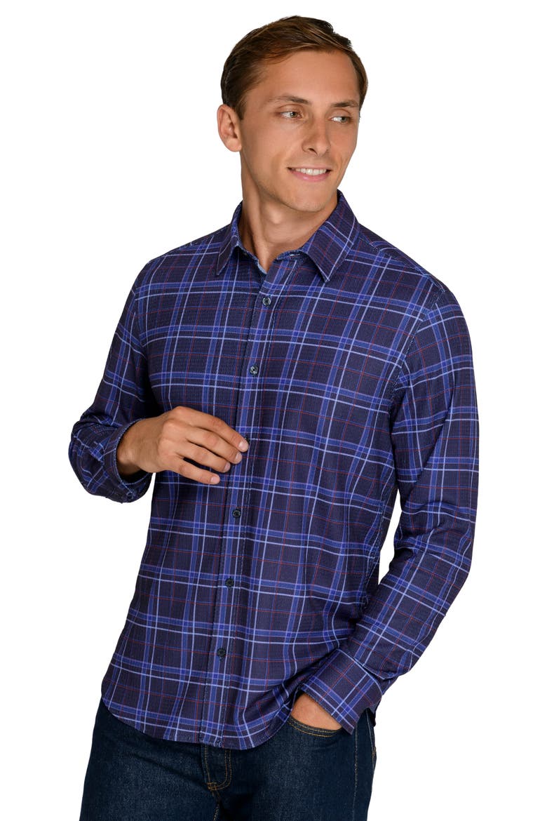 Slim Fit Textured Winston Plaid Performance Long Sleeve Shirt, Alternate, color, DARK PURPLE