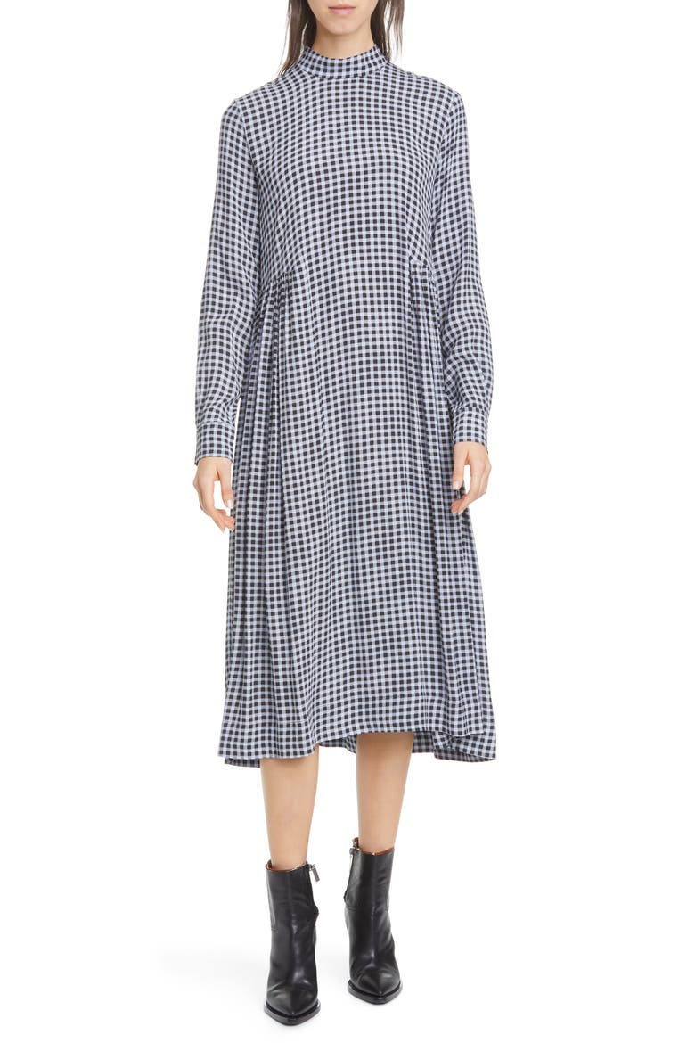 High Neck Long Sleeve Crepe Midi Dress, Main, color, BRUNNERA BLUE