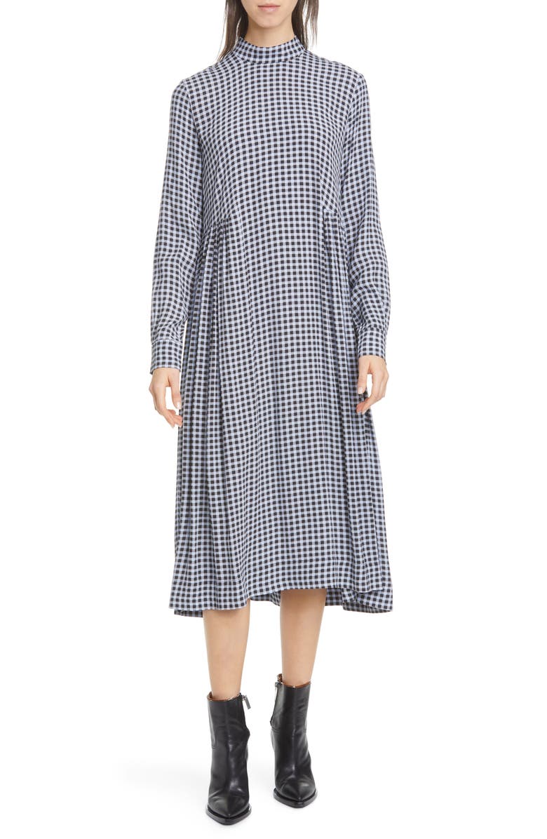 Ganni High Neck Long Sleeve Crepe Midi Dress, Main, color,