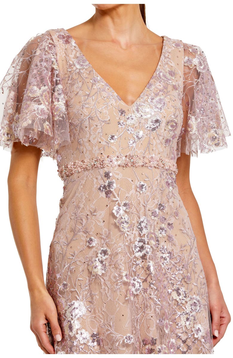 Mac Duggal Lace Embellished Flutter Sleeve A-Line Gown, Alternate, color, Rose Pink
