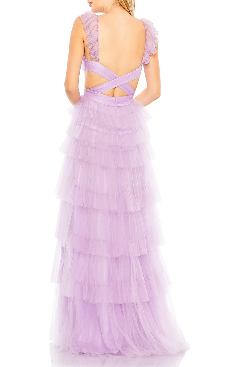 Mac Duggal Sequin Trim Sheer Strap Crisscross Cutout Waist Tiered Ruffle Gown, Alternate, color, Lilac