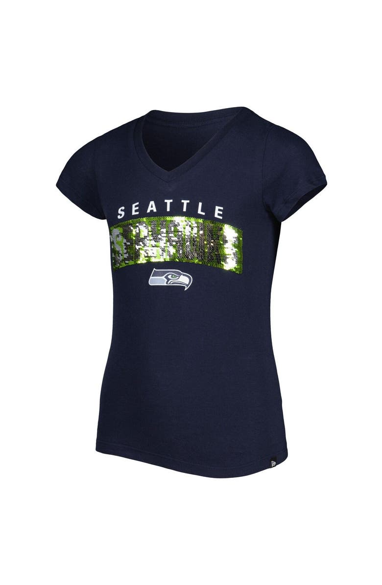 New Era Girls Youth New Era College Navy Seattle Seahawks Reverse Sequin Wordmark V-Neck T-Shirt, Alternate, color, 