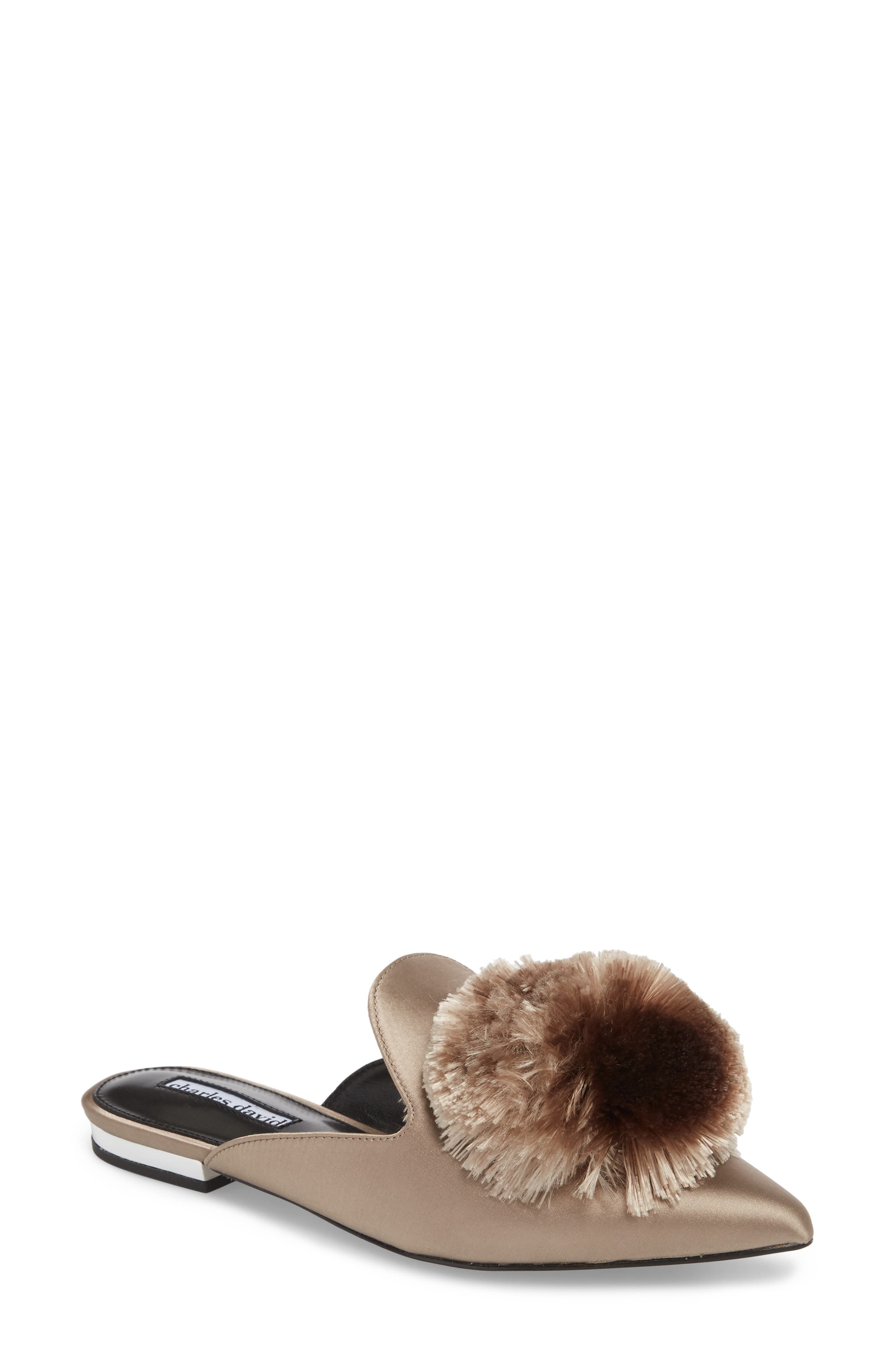 Wella Pompom Loafer Mule, Main, color, TAUPE SATIN