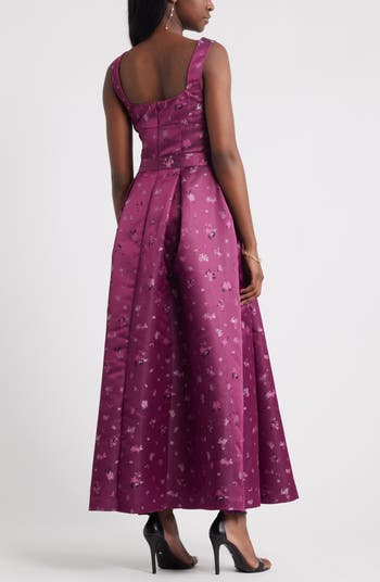 Pleated Seamed Bodice Jacquard Maxi Cocktail Dress