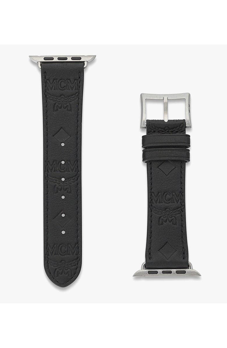MCM Apple Watch Band in Embossed Monogram Leather, Alternate, color, Black