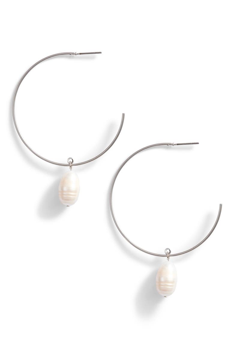 Pearl Drop Hoop Earrings (Nordstrom Exclusive), Main, color, WHITE- RHODIUM