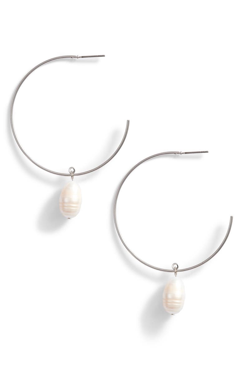 Something Navy Pearl Drop Hoop Earrings, Main, color,