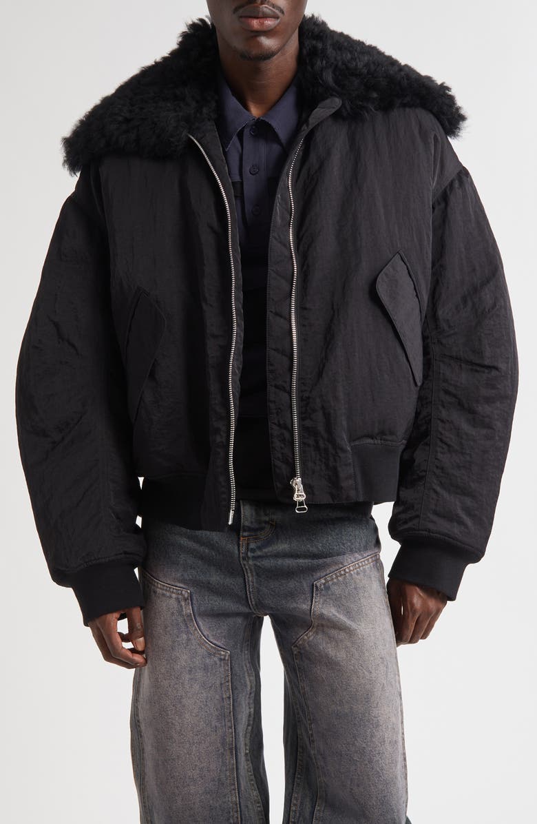 Eckhaus Latta Nylon Bomber Jacket with Genuine Shearling Collar, Main, color, Asphalt