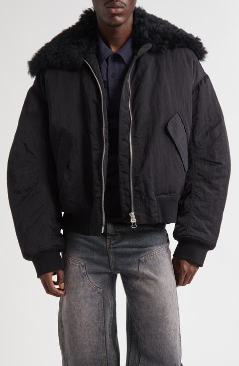 Nylon Bomber Jacket with Genuine Shearling Collar