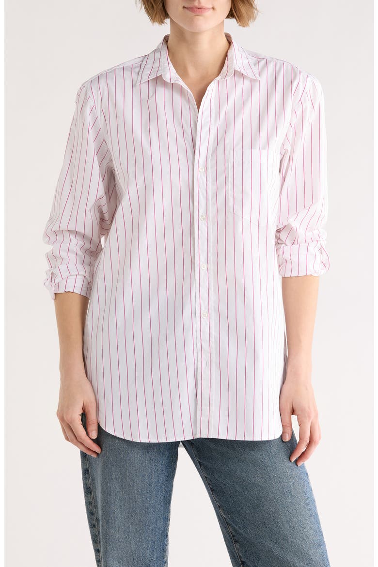 Boyfriend Cotton Button-Up Shirt, Main, color, WHITE/ THIN PINK STRIPE