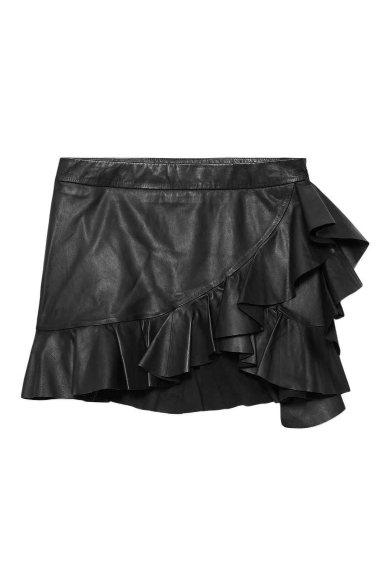 Luana Lea Ruffled Leather Miniskirt, Alternate, color, BLACK