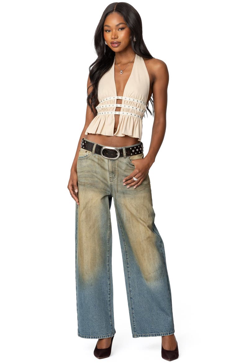 Studded Split Front Open Back Halter Top, Alternate, color, CREAM