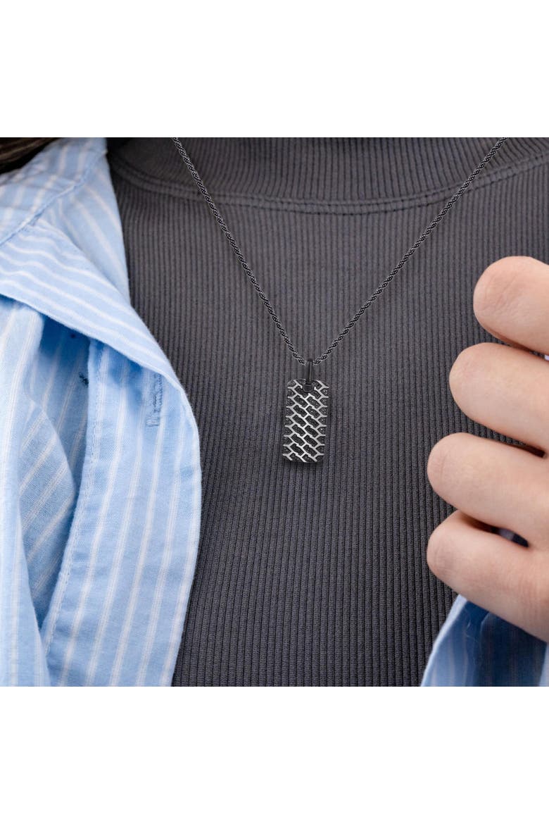 Fast Track Tire Tread Silver & Black Diamond Tag Necklace, Alternate, color, Dark Grey