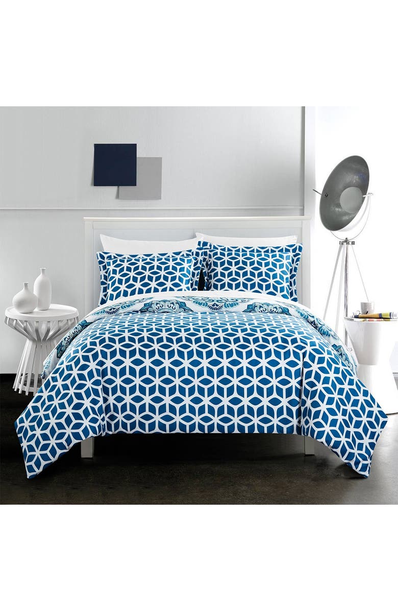 CHIC King Majorca Super Soft Microfiber Large Printed Medallion Reversible with Geometric Printed Backing Duvet Cover 3-Piece Set - Blue, Alternate, color, 