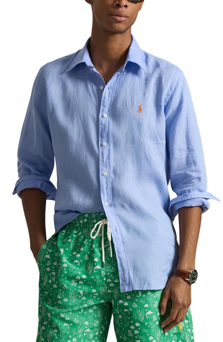 Polo Ralph Lauren Classic Fit Linen Button-Down Shirt, Main, color, Austin Blue