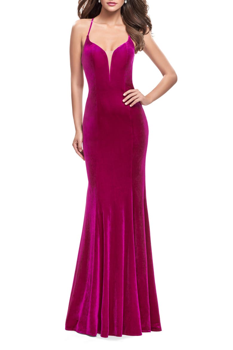 Strapless Velvet Mermaid Dress with Strappy Back, Alternate, color, Fuchsia