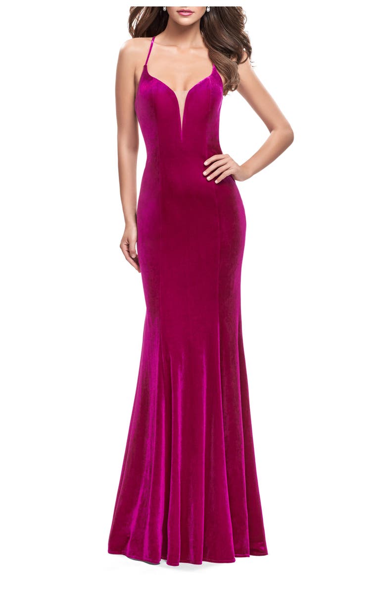 La Femme Strapless Velvet Mermaid Dress with Strappy Back, Alternate, color, Fuchsia