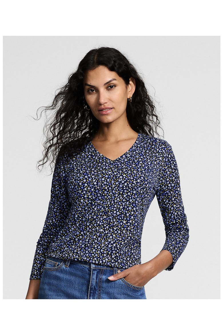 Supima Cotton Long Sleeve V-neck T-shirt, Alternate, color, Clear Blue/Navy Ditsy Floral