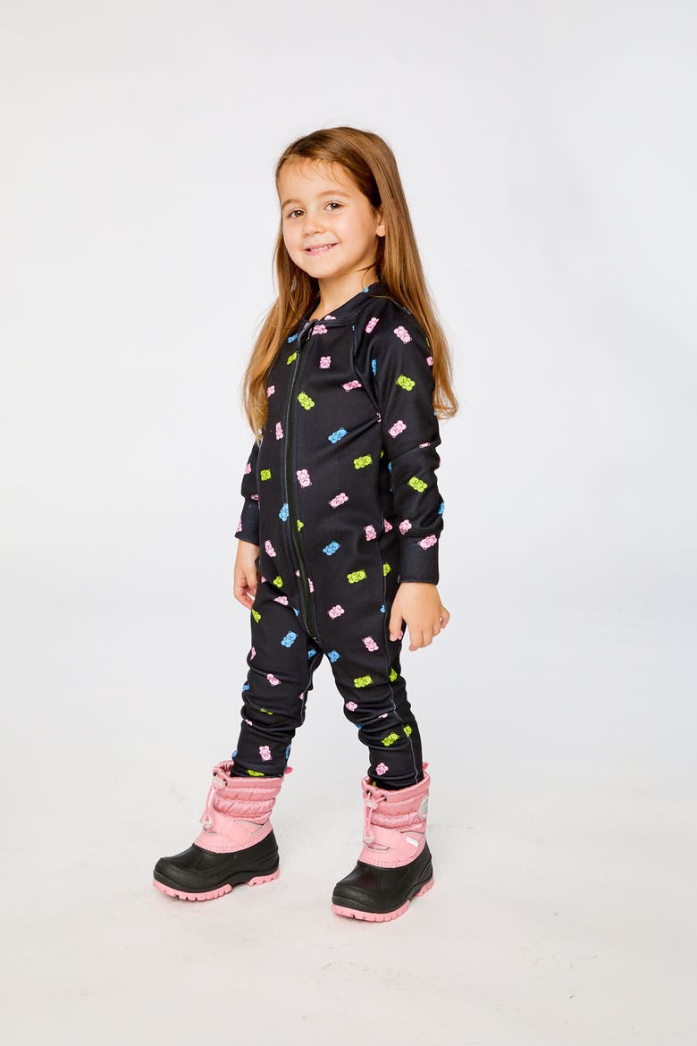 One Piece Gummy Bears Fleece Zipper Asymmetric Thermal Underwear, Alternate, color, Black Printed Gummy Bears