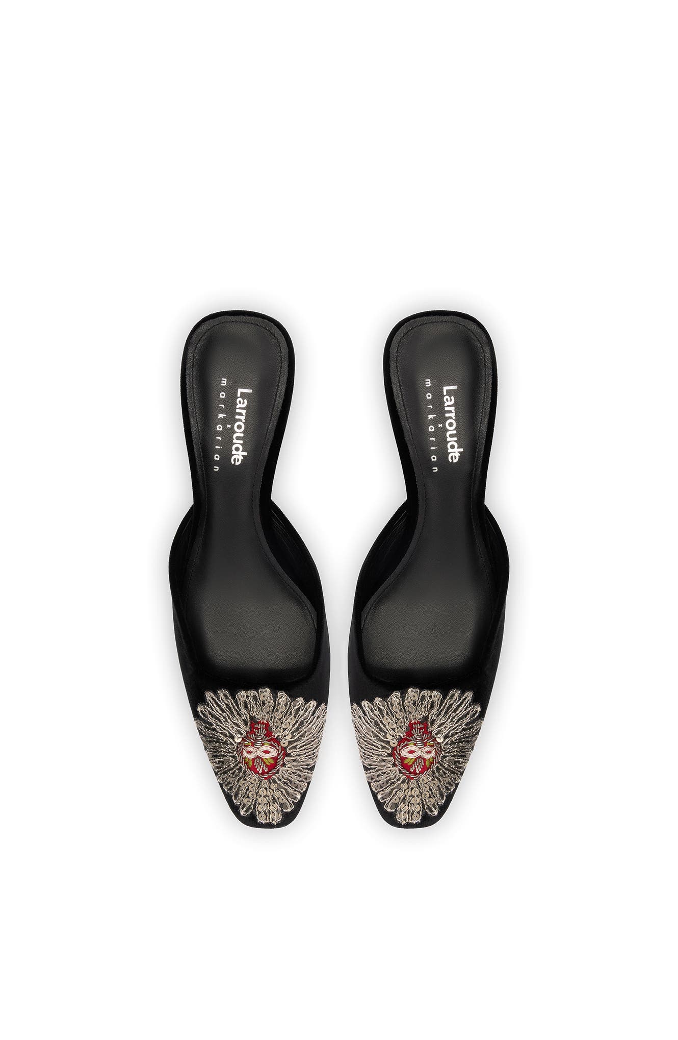 Larroudé x Markarian Mule In Velvet and Heart Embroidery, Alternate, color, 