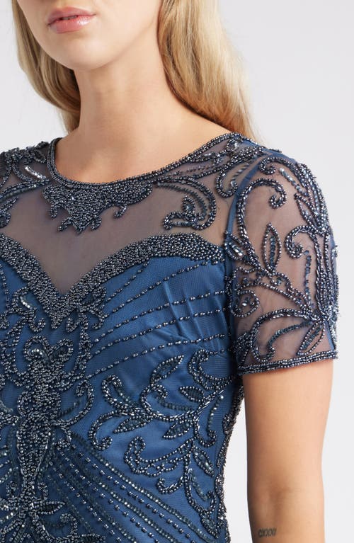 Pisarro Nights Illusion Beaded Mesh Column Gown In Blue