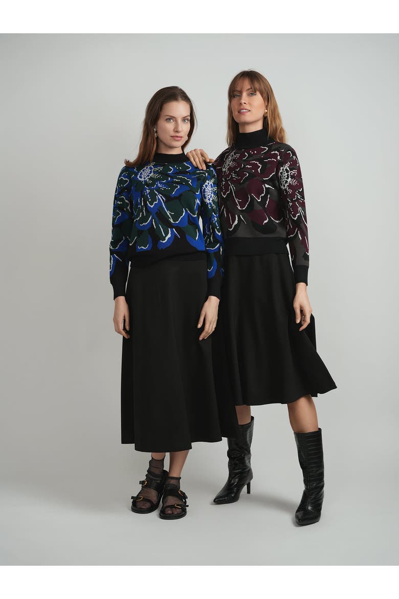 Floral Ribbed Neck Cuffs Knit Sweater, Alternate, color, Black/Dark Wine