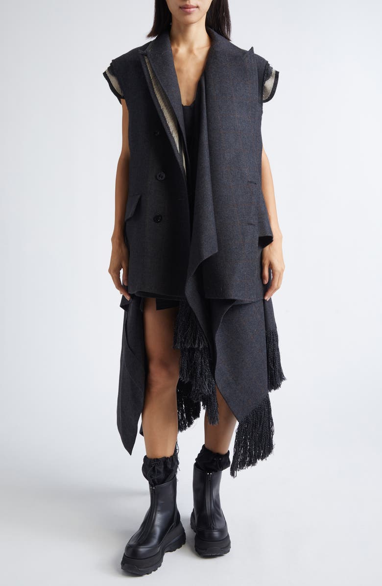 Sacai Double Face Plaid Melton Vest, Alternate, color, Gray