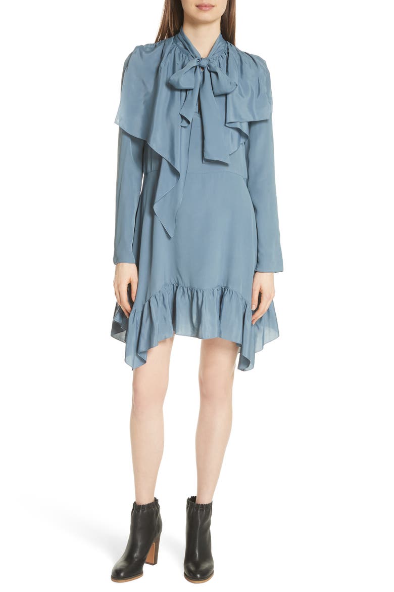 Tie Neck Ruffle Hem Dress, Main, color, MIRAGE BLUE
