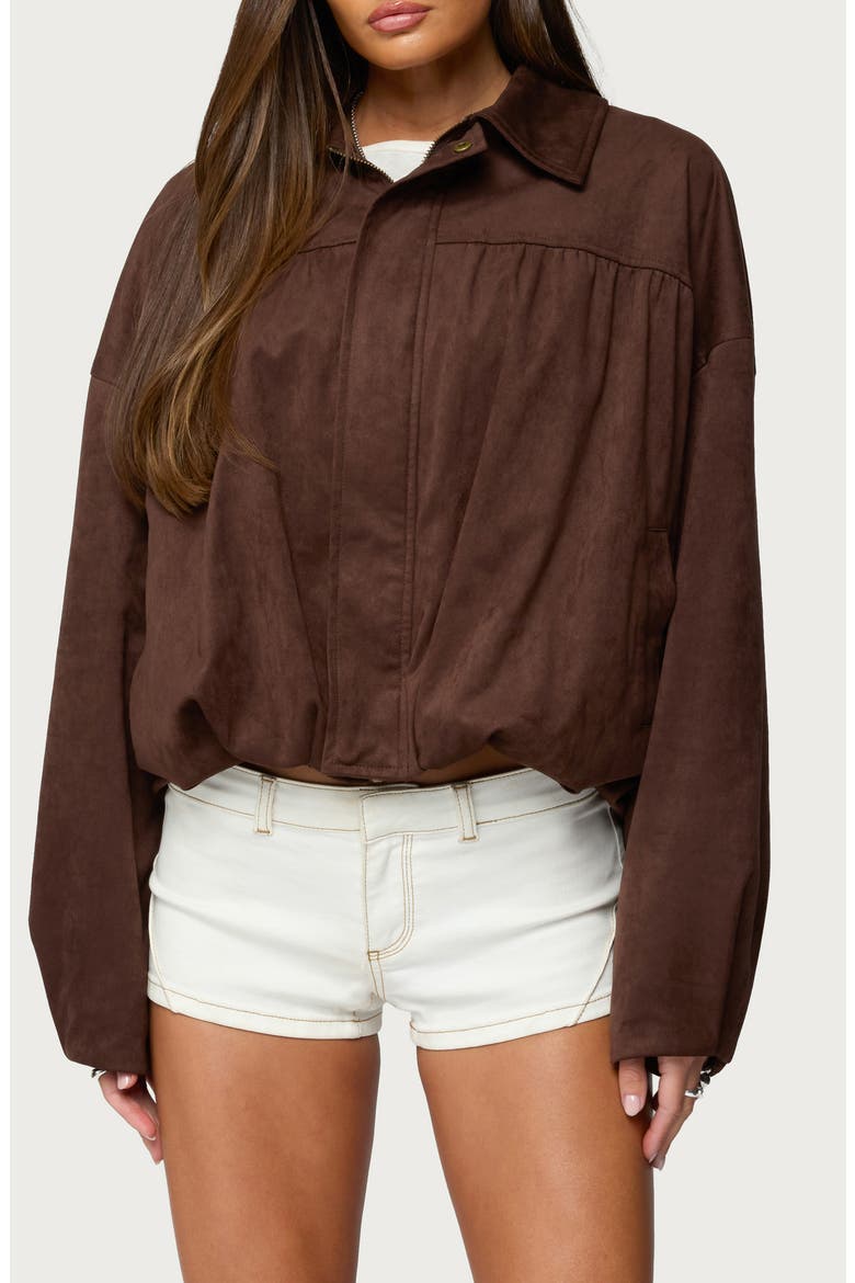 Alberta Bubble Hem Faux Suede Jacket, Main, color, DARK-BROWN