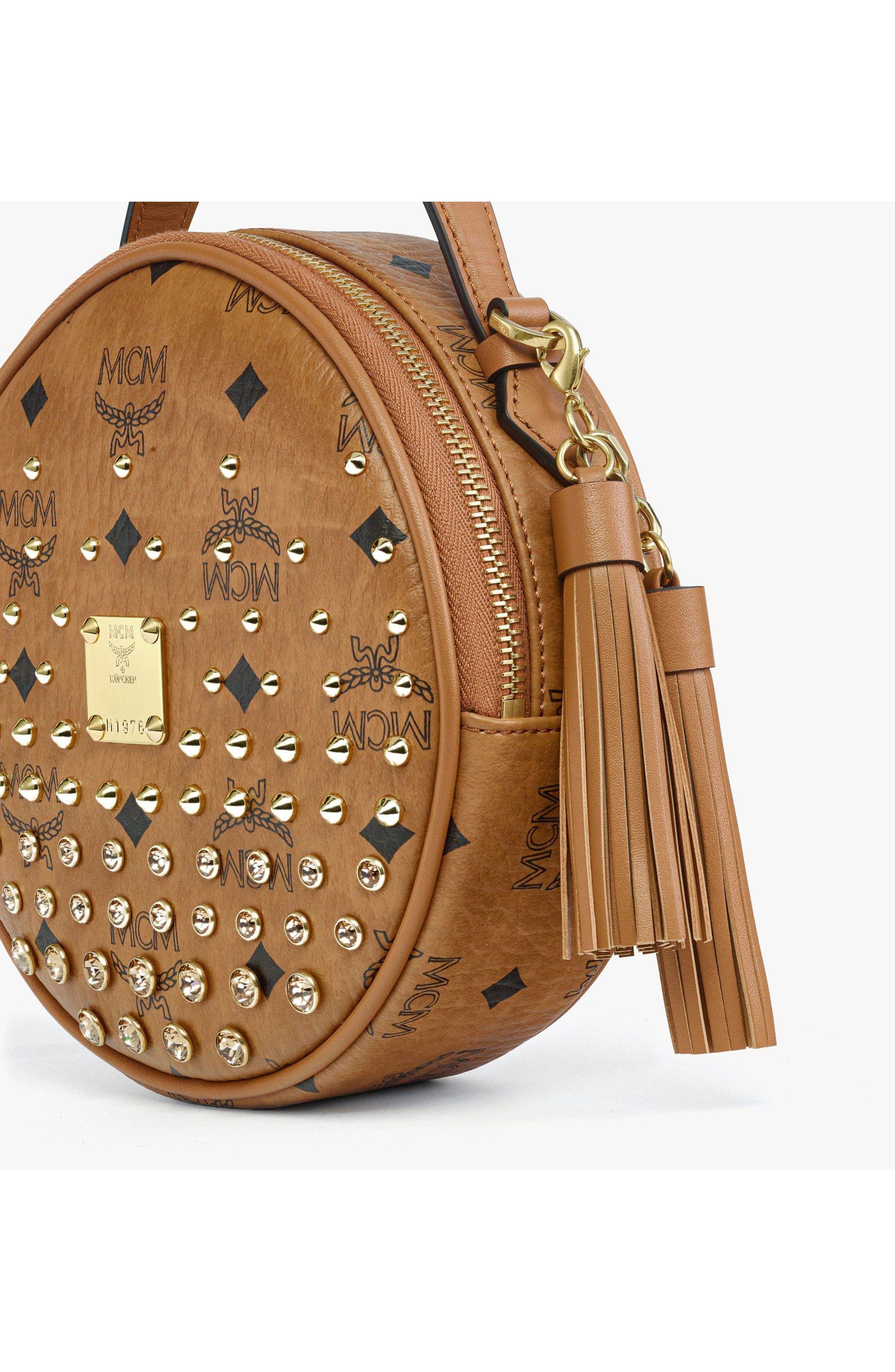 Pina Tambourine Crossbody in Gold Crystal Visetos, Alternate, color, Cognac