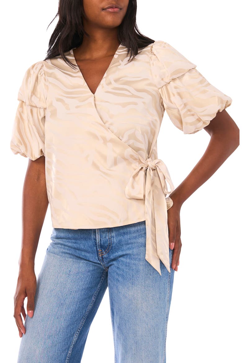 Double Bubble Sleeve Satin Jacquard Wrap Front Top, Main, color, BIRCH