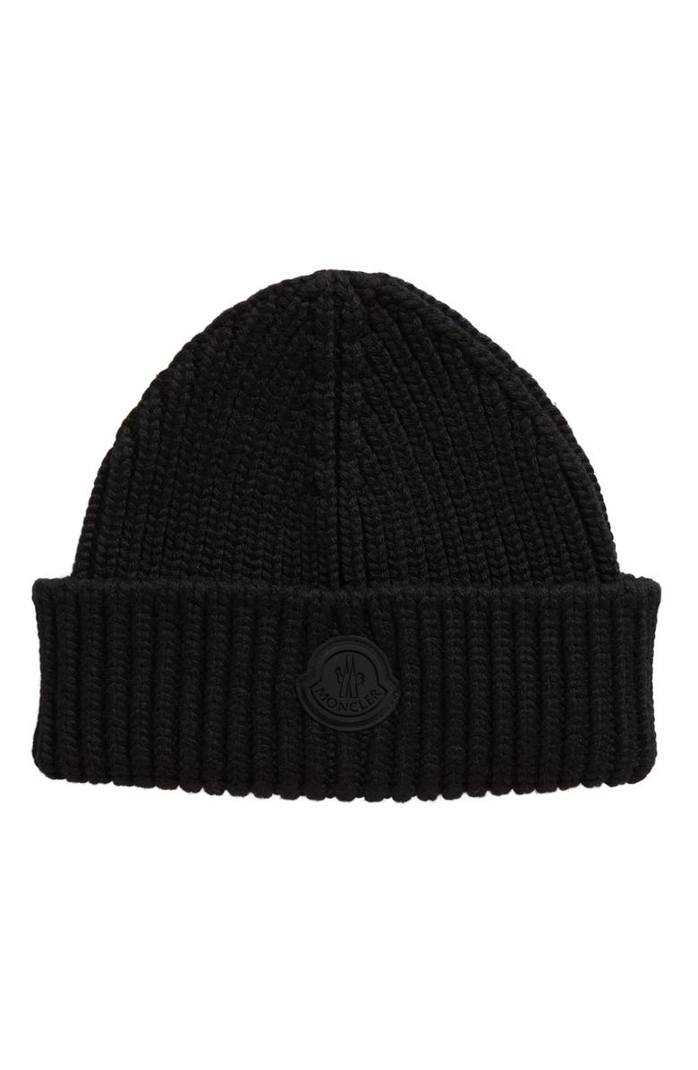 Moncler Logo Patch Virgin Wool Beanie, Main, color, 